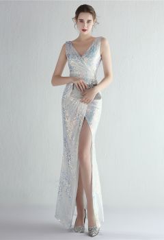 Multi-Color Sequins V-Neck High Slit Gown in White