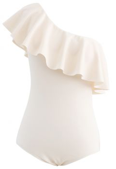 Oblique Shoulder Ruffle Trim One-Piece Swimsuit