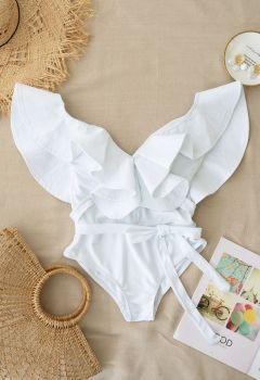Plunging V-Neck Ruffle One-Piece Swimsuit in White
