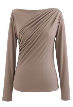 Ruched Front Long Sleeve Top in Tan