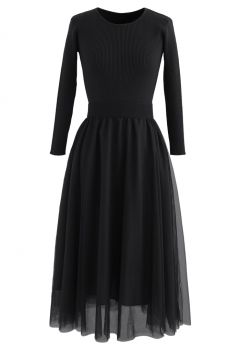 Elasticated Waist Knit Splice Mesh Dress in Black