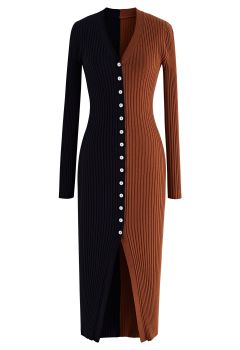 Button Down Two-Tone Spliced Bodycon Knit Dress in Caramel