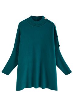 Side Buttoned Flap High Neck Knit Poncho in Turquoise