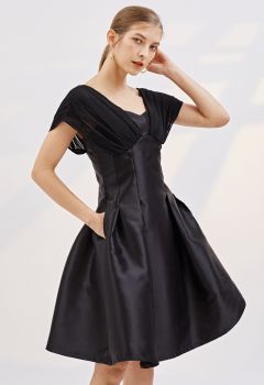 Pleated Chiffon Spliced Cocktail Dress in Black