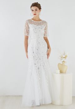 Leaves Branch Sequined Mesh Panelled Gown in White