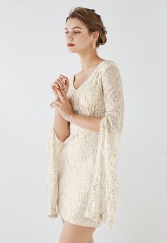 Shining Sequin Cape Sleeves Cocktail Dress in Champagne