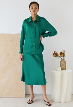 Satin Finish Bias Cut Midi Skirt in Emerald