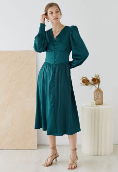 Puff Sleeves Button Up Satin Midi Dress in Emerald