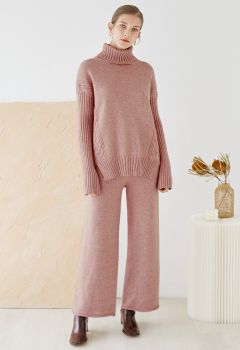 Turtleneck Hi-Lo Sweater and Knit Pants Set in Pink