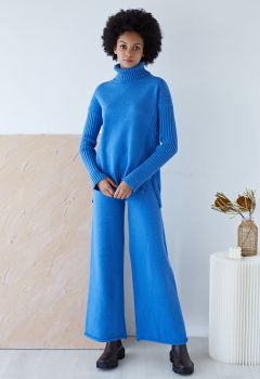 Turtleneck Hi-Lo Sweater and Knit Pants Set in Blue