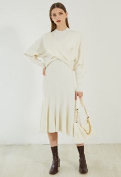 Crisscross Ribbed Sweater and Sleeveless Dress Knit Set in Cream