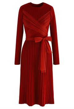 Self-Tie Mesh Bow Ribbed Knit Dress in Red