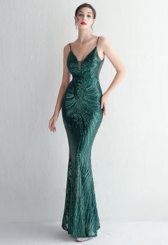 Glimmer Sequin Mermaid Cami Gown in Dark Green