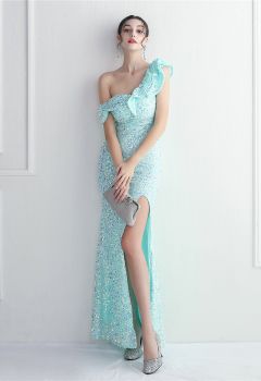 Tiered Ruffle One Shoulder Sequin Slit Gown in Mint