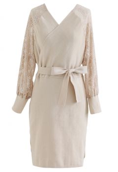 Lacy Sleeve Wrapped Knit Dress in Camel