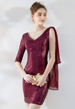 V-Neck Chiffon Spliced Sequined Cocktail Dress in Burgundy