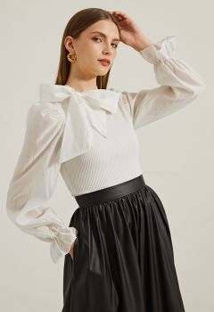 Detachable Bowknot Spliced Knit Top in Cream