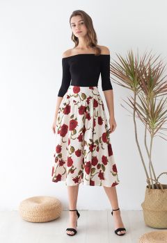 Serene Red Rose Embossed Flare Midi Skirt
