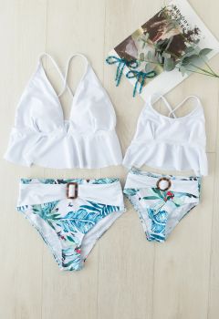 Bird and Leaf Print Crisscross Bikini Set for Mommy & Kids