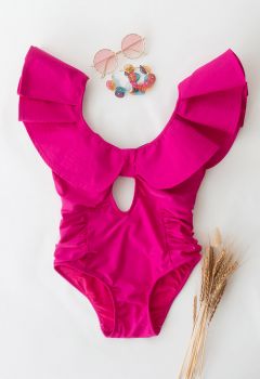 Plunging V-Neck Ruffle One-Piece Swimsuit in Magenta