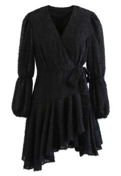 Fuzzy Wrapped Bowknot Asymmetric Mini Dress in Black