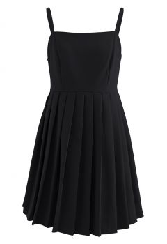 Glossy Pleated Hem Cami Dress in Black