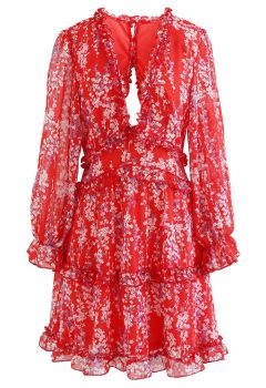 Floral Open Back Ruffle Chiffon Dress in Red