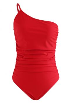 One-Shoulder Ruched Detail Swimsuit in Red