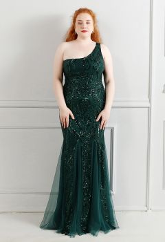 One-Shoulder Floral Lattice Sequined Mesh Gown in Emerald