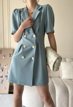 Notch Lapel Double-Breasted Blazer Dress in Dusty Blue