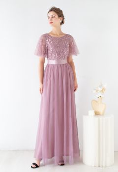 Sequined Vine Flutter Sleeve Mesh Gown in Dusty Pink
