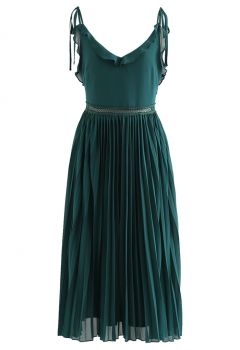 Grace Chiffon Tie Shoulder Pleated Midi Dress in Dark Green