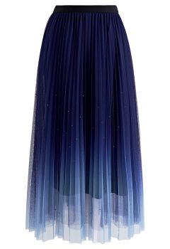 Glitter Embellished Pleated Mesh Tulle Skirt in Navy