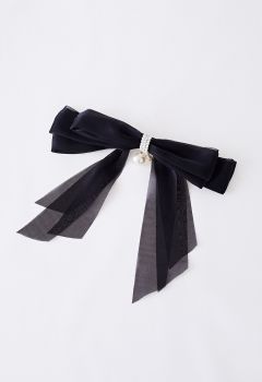 Organza Bowknot Pearl Hair Clip in Black