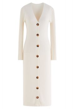 V-Neck Button Down Knit Midi Dress in Cream