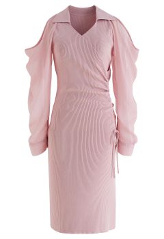 Sheer Sleeve Cold-Shoulder Bodycon Knit Dress in Pink