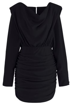 Padded Shoulder Cowl Neck Ruched Satin Dress in Black
