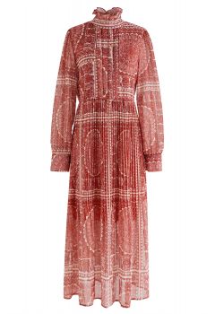 Boho Paisley Pleated Chiffon Midi Dress in Rust Red