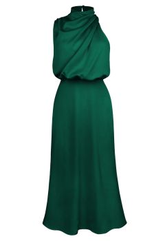 Asymmetric Ruched Neckline Sleeveless Dress in Dark Green