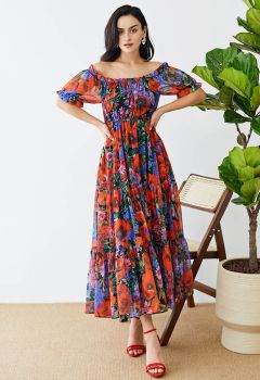 Bright Red Floral Off-Shoulder Chiffon Dress