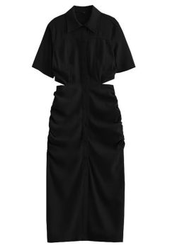 Cutout Waist Side Ruched Shirt Dress in Black