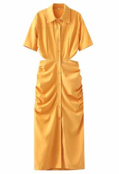 Cutout Waist Side Ruched Shirt Dress in Yellow