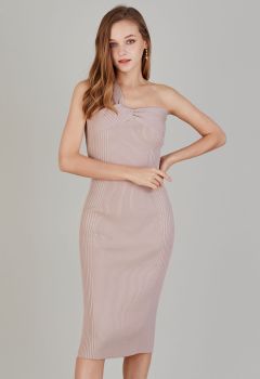 One-Shoulder Knotted Bodycon Knit Dress in Pink