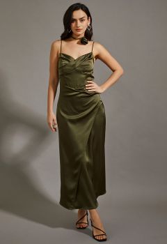 Floral Choker Satin Cami Maxi Dress in Olive