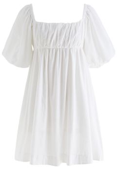 Square Neck Puff Sleeves Tie-Back Dress in White