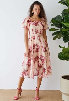Bubble Sleeve Floral Print Belted Midi Dress