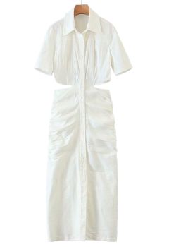 Cutout Waist Side Ruched Shirt Dress in White