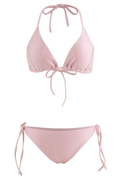 Self-Tied String Halter Bikini Set in Dusty Pink