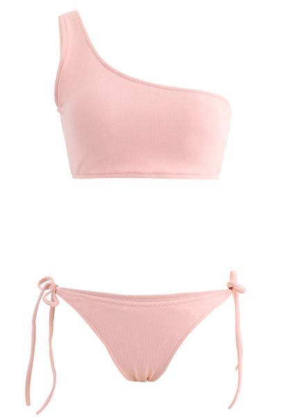 One-Shoulder Tie Side Low Rise Bikini Set in Pink