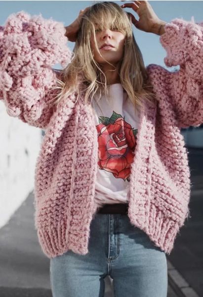 Cuteness on Sleeves Chunky Cardigan in Candy Pink